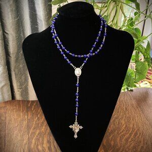 Powerful Our Lady of Lepanto Rosary, Cobalt Blue Glass Beads, Silver-tone, VTG